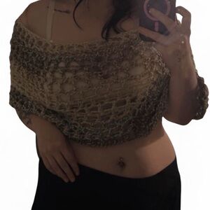Handmade Crochet Off-Shoulder Crop Top - Tan and Olive